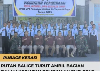 Kepala Rutan Balige David Nicolas Didampingi Kelapas Siborong Borong,Karutan Sidikalang, Dua Orang Personil TNI Dan Pejabat lainnya Mengikuti Kegiatan Pembinaan Fisik,Mental Dan Disiplin.(Doc/Foto:Rutan Balige)