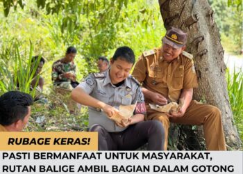 Kepala Kesatuan Pengamanan Rutan, Noel Tobing Bersama Kepala Desan Longat Horas Madingin Siahan Dan Pegawao Desa Lagi Mekan Siang Bersama.(Doc/Foto : Rutan Kelas IIB Balige)