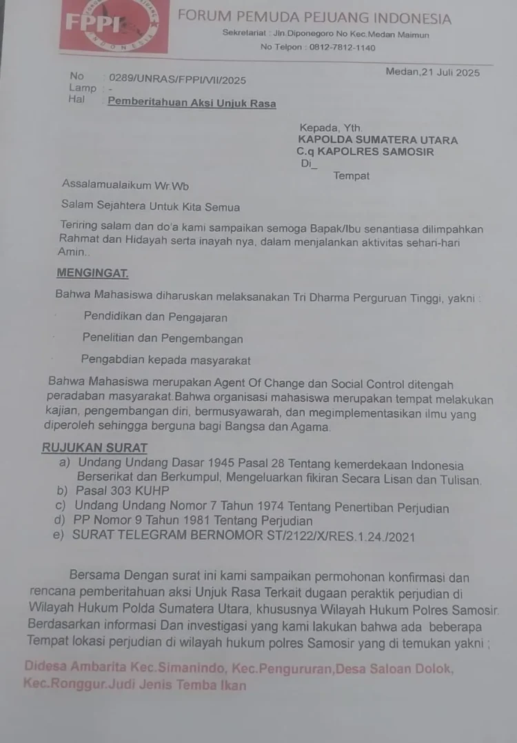 Doc/Foto : Surat Pemberitahuan Aksi Forum Pemuda Pejuang Indonesia.(Update24News.id)