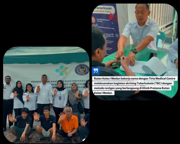 Beberapa Pejabat Struktural Rutan Kelas I Medan Didampingi Perwakilan Tirta Medical Center Beserta Warga Binaan Melakukan Foto Bersama Dan Mengangkat Tangan Lima Jari.(Doc/Foto : Humas Rutan Kelas I Medan)