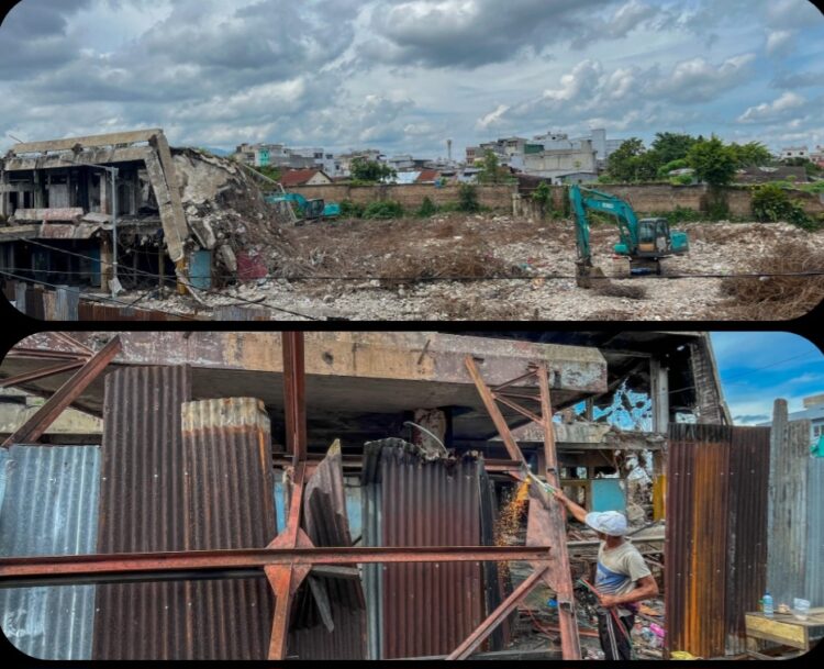 Ket Gambar Atas : Sisa-sisa reruntuhan dan Progres Pembongkaran Yang Telah Membersihkan Sebagian Besar Area Gedung. Dan Dua Unit Ekskavator (Alat Berat) Terlihat Sedang Bekerja Di Lokasi. Ket Gambar Bawah : Pekerja Sedang Melakukan Pemotongan Besi Beton Menggunakan Las Di Antara Puing-puing Bangunan, Sebagai Bagian Dari Upaya Mempermudah Mobilisasi Alat Berat dan Pengelolaan Material Bongkaran.(Doc : Ist)