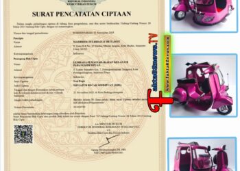 Surat Pencatatan Ciptaan Miniatur Becak Vespa Padangsidimpuan (Nomor EC002025188853) disandingkan dengan foto produk kerajinan yang dibuat oleh Warga Binaan Lapas Kelas IIB Padangsidimpuan.(Doc/Foto : Humas Lapassid)