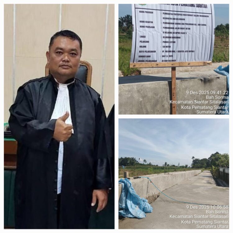 Mangembang Pandiangan, S.H., M.H., Kuasa Hukum Armida Sitorus, bertekad menempuh jalur hukum terkait dugaan penyerobotan lahan kliennya oleh Pemko Pematangsiantar. Papan proyek dan jalan rabat beton senilai Rp 100 Juta yang dibangun di Kelurahan Bah Sorma, Pematangsiantar.(Doc/Foto : Istimewa)