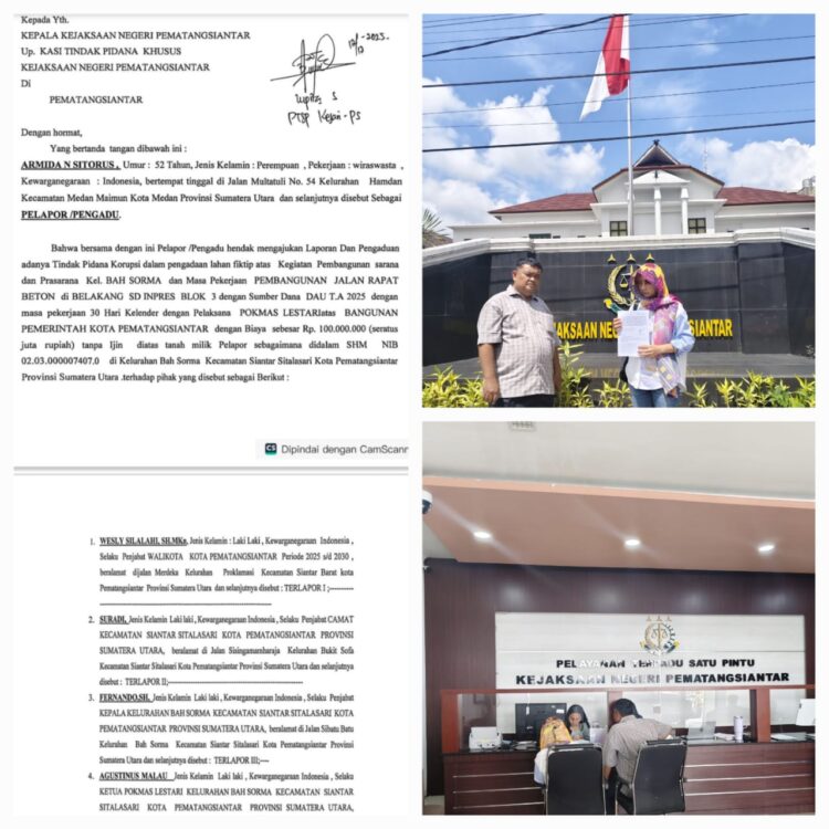 Armida Sitorus (kanan), didampingi Kuasa Hukumnya, secara resmi menyerahkan Laporan dan Pengaduan Tindak Pidana Korupsi ke Kejaksaan Negeri Pematangsiantar.(Doc/Foto : Istimewa)
