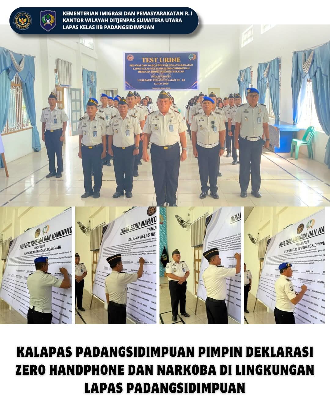 Kalapas Padangsidimpuan dan jajaran berkomitmen penuh memberantas peredaran narkoba dan handphone ilegal.Komitmen ini ditegaskan melalui deklarasi bersama dan penandatanganan ikrar "Zero Handphone dan Narkoba" oleh seluruh petugas.