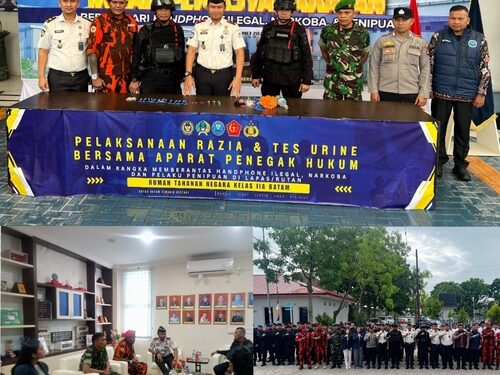 Sinergi Aparat Penegak Hukum bersama Komandan KOTI MPW PP Kepri saat rilis hasil razia dan tes urine guna memberantas Hilinar di Rutan Kelas IIA Batam.(Doc/Foto : Istimewa)